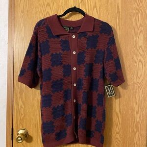 Brown and Blue Cardigan Sweater with Bold Pattern